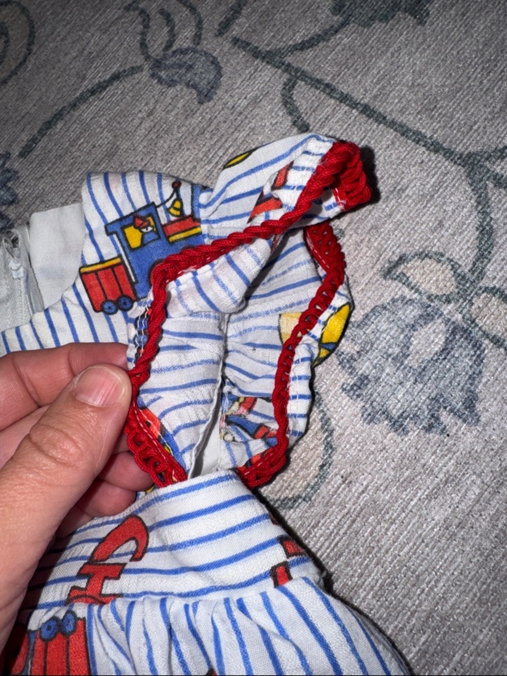 Kids Striped Cotton Romper Red Train Print Handmade Vintage - Picture 5 of 7